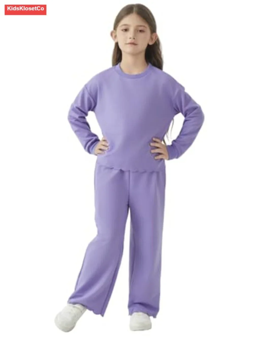 Girls Comfy Scalloped Hem Sweatshirt and Pants Set, French Terry, Big Kid